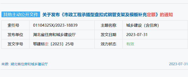 关于发布《市政工程承插型盘扣式钢管支架及模板补充定额》的通知（鄂建标定〔2023〕25号	）